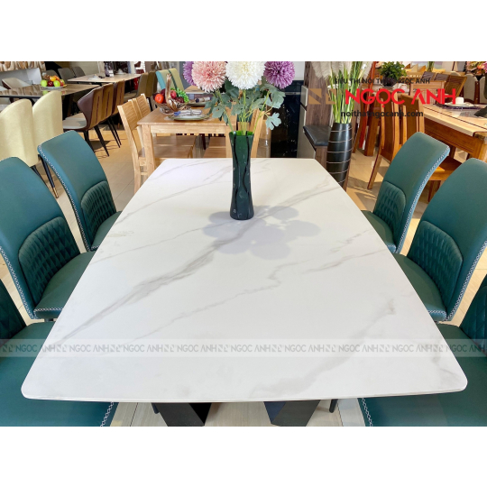 Bộ bàn ăn mặt đá 6 ghế trắng vân ghi đẹp tự nhiên,  tôn tạo không gian phòng bếp thanh lịch, đẳng cấp