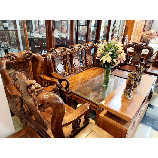 Bộ bàn ghế salon gỗ Cẩm Lai quý chạm Đào, Tay 12, gồm 10 món cho phòng khách cực chất